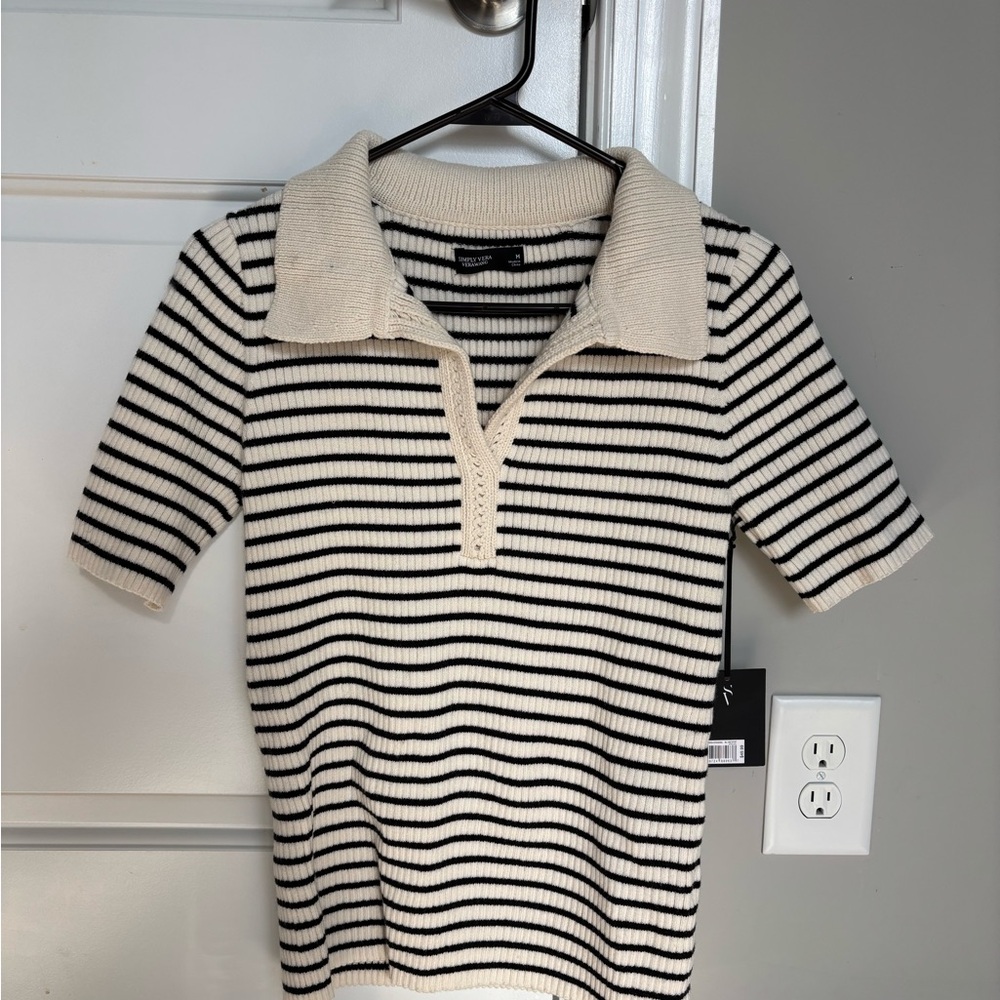 Simply Vera Vera Wang Black and Cream Striped Polo Sweater